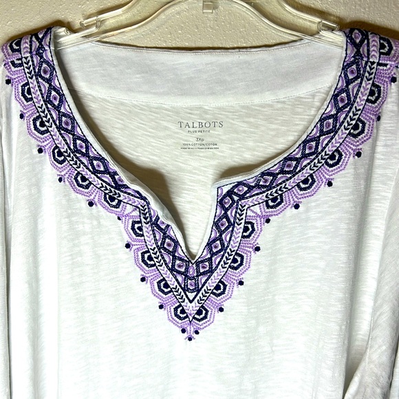 Talbots Embroidered V Neck Top Size 3X Petite White 3/4 Sleeve Boho Cotton - Picture 4 of 17